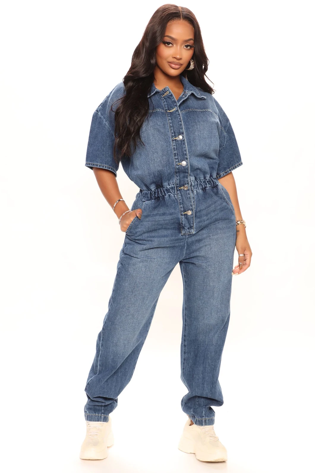 Women MID Blue Non-Stretch Clothing Short Sleeve Collar Elastic Waistband Wash Jogger Denim Jumpsuit