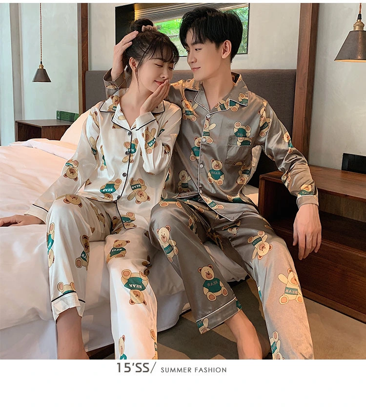 Couple Pyjamas Cardigan Long-Sleeved Pants Pajamas Suit Loose Lapel Sleepwear Cartoon Leisure Loungewear Sweet Women Pajamas