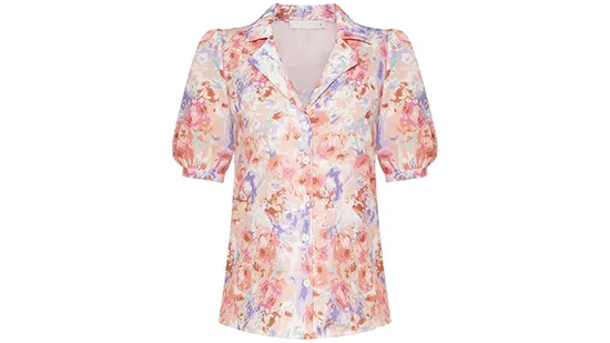 プリントリネン生地を使用したレディース半袖Vネックブラウス